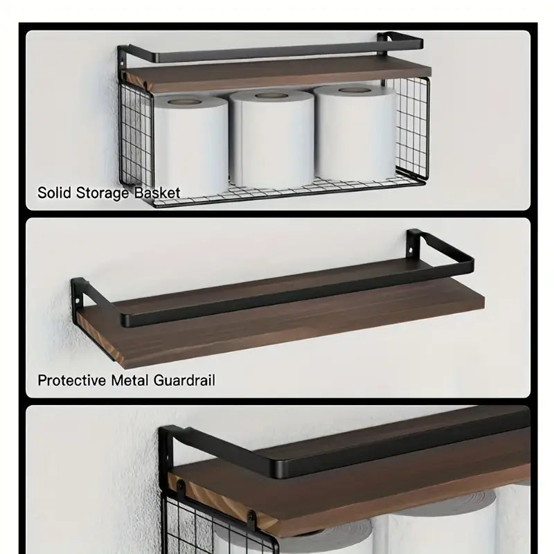 Rustic Charm: Wood Bathroom Shelves with Storage and Towel Bar