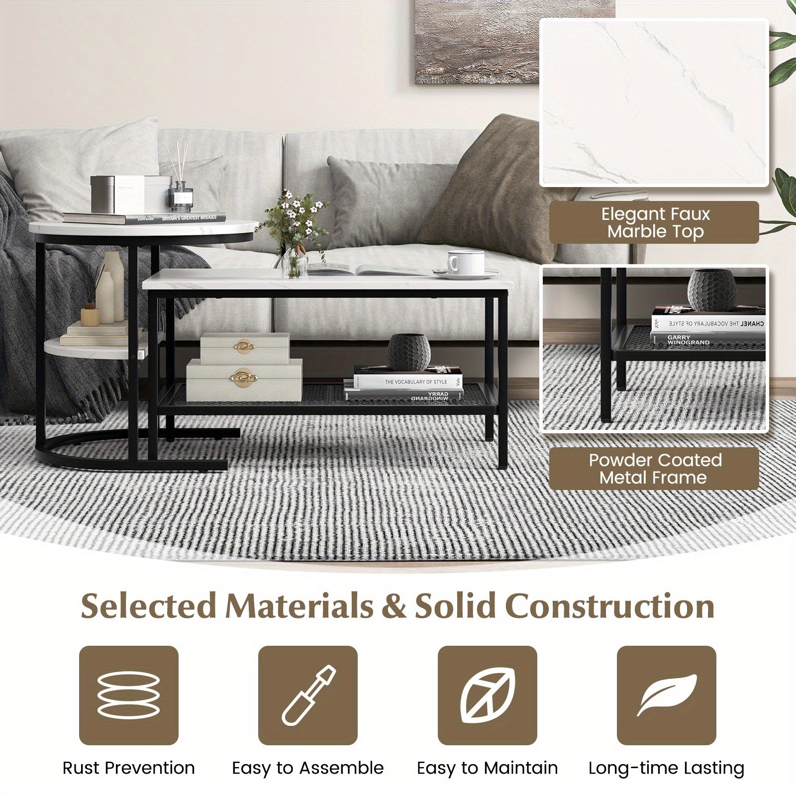 2x Nesting Coffee Table Set - White Faux Marble Top