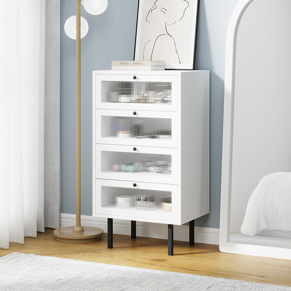 NNEED 4 Chest of Drawers Tempered Glass Doors White