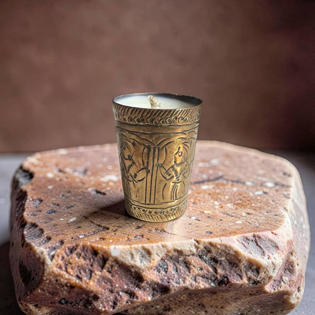 Repurposed Vintage Indian Brass Tumbler Candle - Soft Sandalwood
